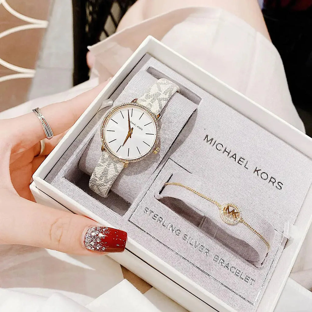 Michael Kors Pyper Quartz Silver Dial White Leather Strap Watch For Women