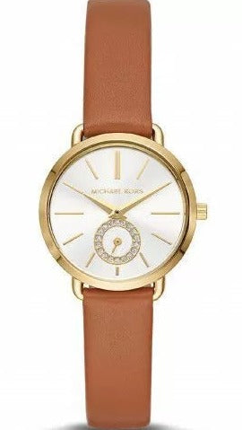 Michael Kors Portia Quartz White Dial Brown Leather Strap Watch