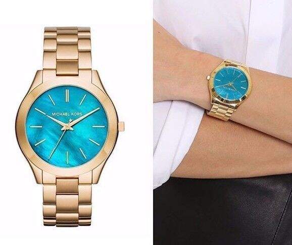 for of Slim Mother Pearl Runway Women Dial Steel Blue Strap Michael Gold Kors Watch