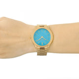 Michael Kors Slim Runway Blue Mother of Pearl Dial Gold Steel Strap Watch for Women - MK3492