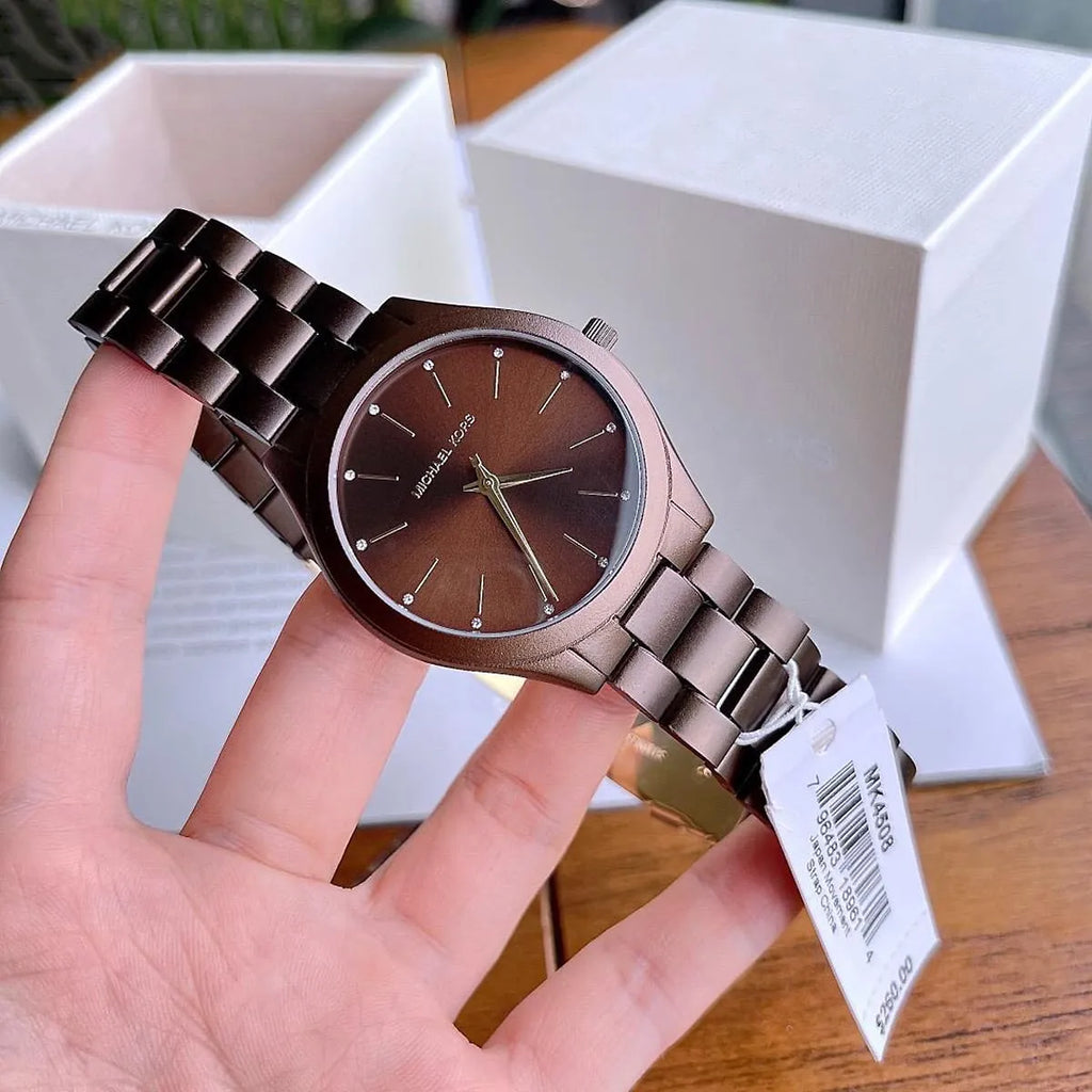 Michael Kors Slim Runway Armbanduhr mit braunem Zifferblatt und braunem Stahlarmband fur Damen