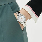 Michael Kors Liliane Three Hand Mother of Pearl White Dial Silver Steel Strap Watch For Women - MK4556
