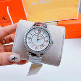 Michael Kors Parker Three Hand Mother of Pearl White Dial Silver Steel Strap Watch For Women - MK4694