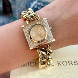 Michael Kors Chain Lock Pave Gold Dial Gold Steel Strap Watch For Women - MK4711