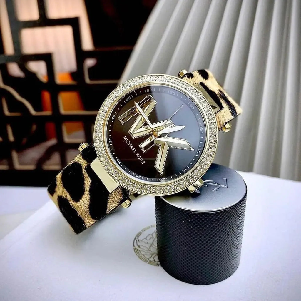 Michael Kors Parker Black Dial Cheetah Print Brown Leather Strap Watch For Women