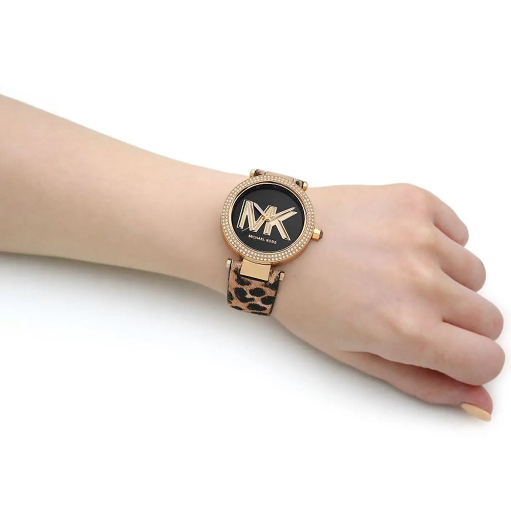 Michael Kors Parker Black Dial Cheetah Print Leather Strap Watch For Women