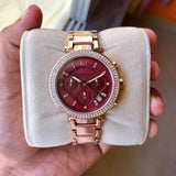 Michael Kors Parker Chronograph Red Dial Rose Gold Steel Strap Watch For Women - MK6106