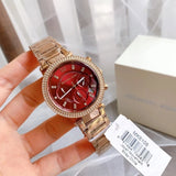 Michael Kors Parker Chronograph Red Dial Rose Gold Steel Strap Watch For Women - MK6106