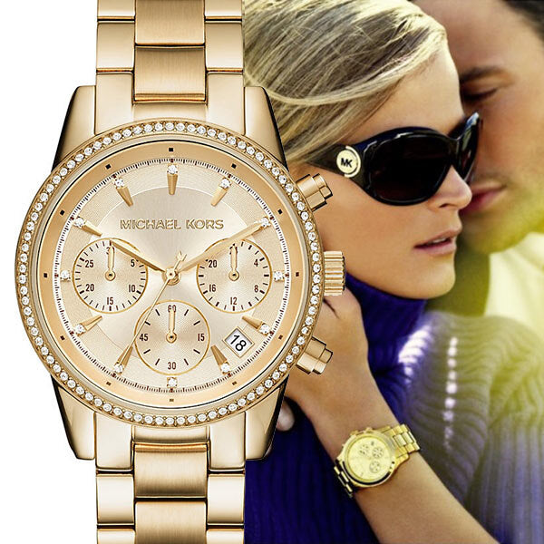 Michael Kors Ritz Gold Dial Gold Steel Strap Watch for Women - MK6356