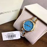 Michael Kors Petite Runway Mercer Blue Dial Gold Steel Strap Watch For Women - MK6673