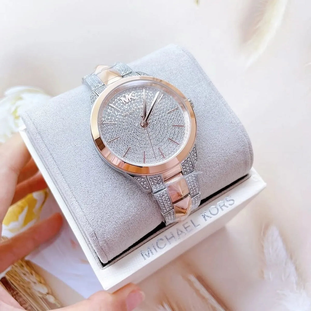 Michael Kors Runway Mercer Crystals Silver Dial Two Tone Steel Strap Watch For Women