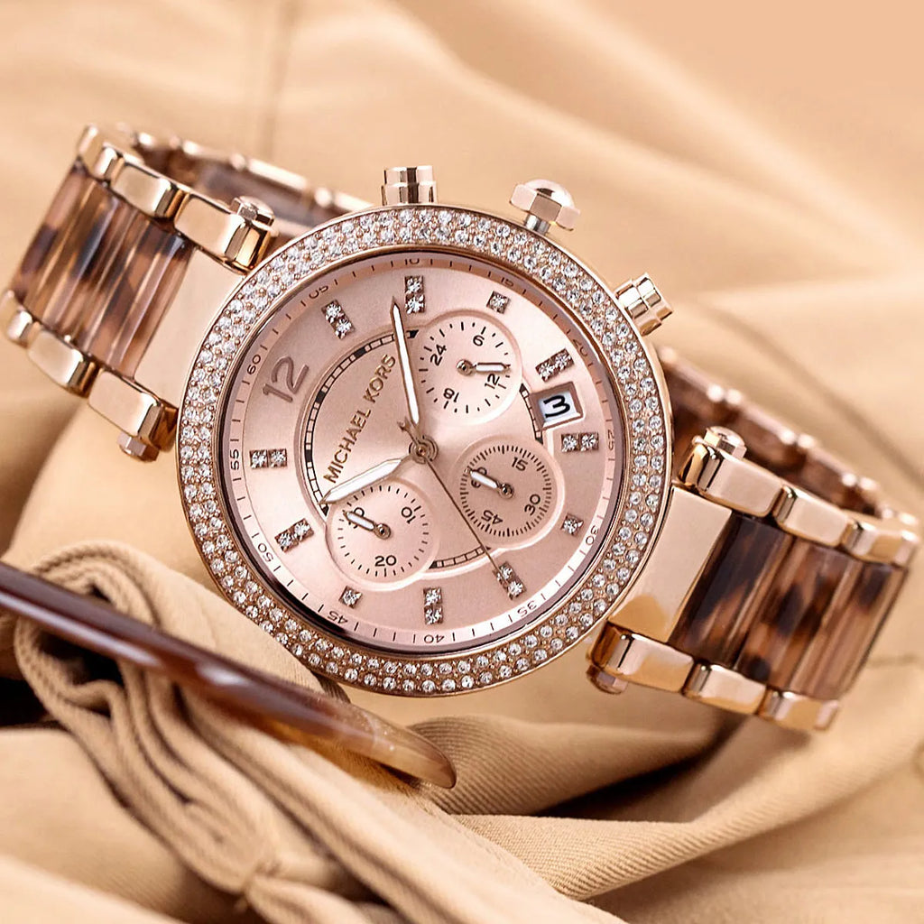Michael Kors Parker Chronograph Rose Gold Dial Two Tone Steel Strap Watch For Women