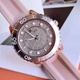 Michael Kors Runway Three Hand Crystal Pave Dial Pink Rubber Strap Watch For Women - MK6854