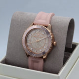 Michael Kors Runway Three Hand Crystal Pave Dial Pink Rubber Strap Watch For Women - MK6854