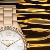 Michael Kors Layton Three Hand Mother of Pearl White Dial Gold Steel Strap Watch For Women - MK6870