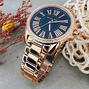 Michael Kors Kacie Three Hand Black Dial Rose Gold Steel Strap Watch for Women - MK6930