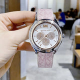 Michael Kors Multifunction Silver Dial Pink Leather Strap Watch For Women - MK7206