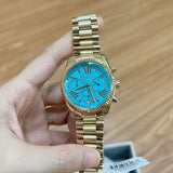 Michael Kors Lexington Chronograph Blue Dial Gold Steel Strap Watch For Women - MK7216