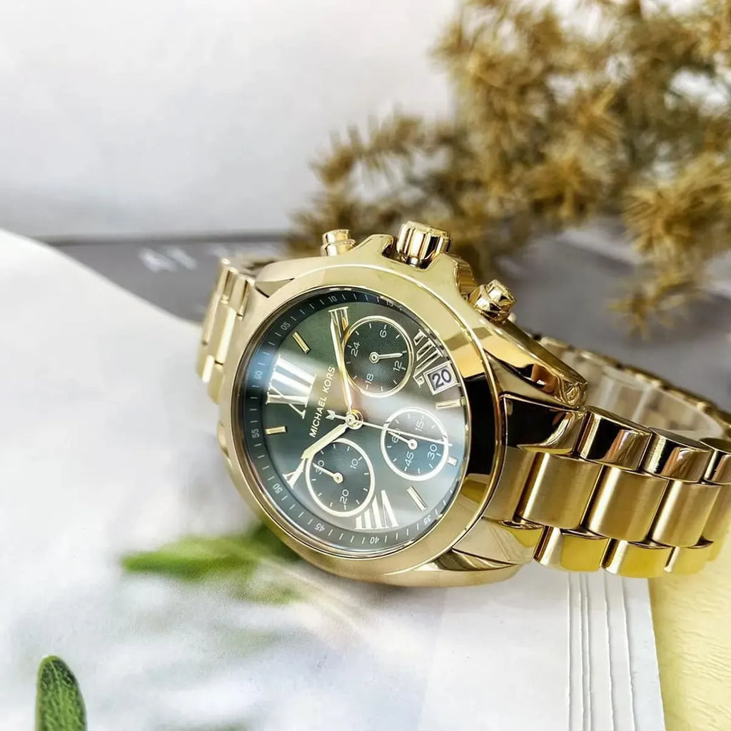Michael Kors Bradshaw Chronograph Green Dial Gold Steel Strap Watch For Women