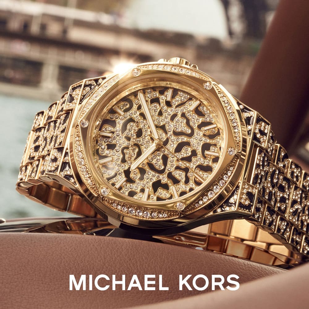Michael Kors Lennox Three Hand Crystals Gold Dial Two Tone Steel Strap Watch For Women