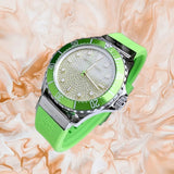 Michael Kors Everest Three Hand Crystals Silver Dial Green Silicone Strap Watch For Women - MK7360