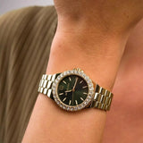 Michael Kors Lennox Quartz Green Dial Gold Steel Strap Watch For Women - MK7395