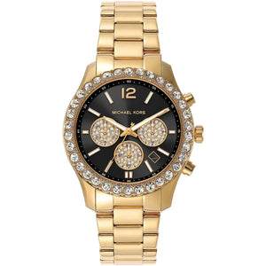 Michael Kors Berkley Chronograph Black Dial Gold Steel Strap Watch For Women - MK7414