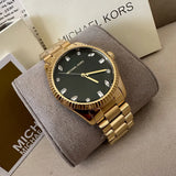 Michael Kors Lexington Three Hand Green Dial Gold Steel Strap Watch For Women - MK7449