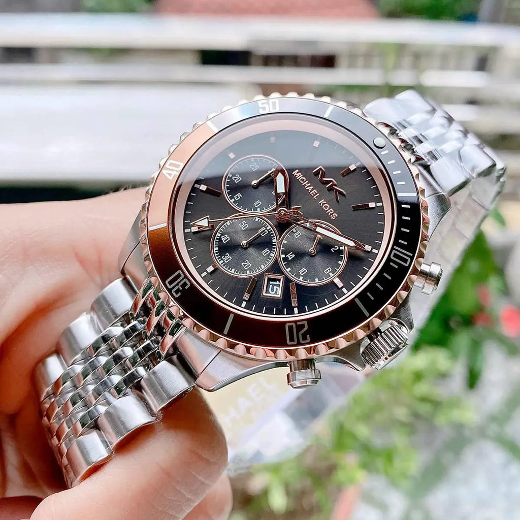 Michael Kors Bayville Chronograph Black Dial Silver Steel Strap Michael Kors Bayville Chronograph Black Dial Silver Steel Strap