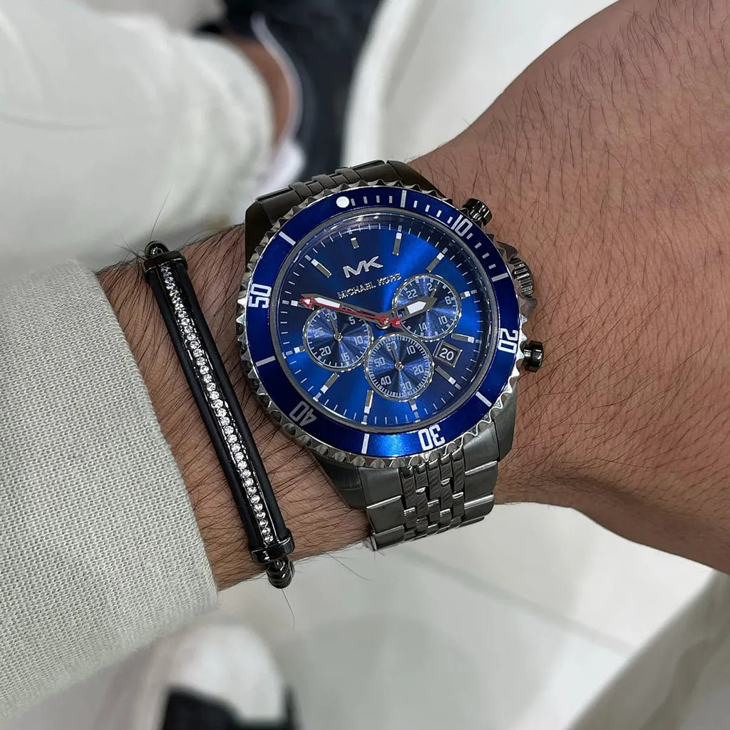 Michael Kors Bayville Chronograph Blue Dial Grey Steel Strap Watch Michael Kors Bayville Chronograph Blue Dial Grey Steel Strap Watch