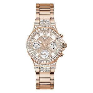 Guess Moonlight Multi Function Diamonds White Dial Rose Gold Steel Strap Watch for Women - GW0320L3