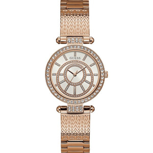 Guess Muse Quartz Silver Dial Rose Gold Steel Strap Watch For Women - W1008L3
