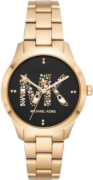 Michael Kors Runway Quartz Black Dial Gold Steel Strap Watch For Women - MK6682