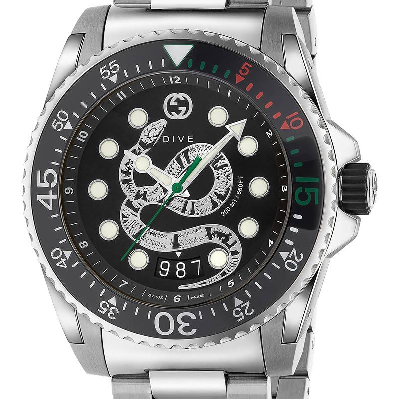 Gucci Dive Snake Black Dial Silver Steel Strap Watch For Men
