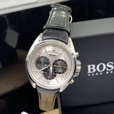 Hugo Boss Casual Chronograph Silver Dial Black Leather Strap Watch For Men - HB1512880