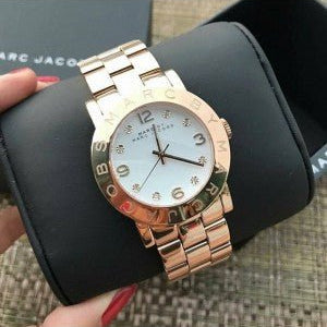 Marc Jacobs Amy White Dial Rose Gold Steel Strap Watch for Women