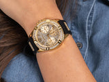 Guess Frontier Diamonds Gold Dial Black Rubber Strap Watch For Women - W1160L1