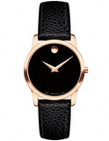 Movado Museum Classic Black Dial Black Leather Strap Watch For Women - 607061