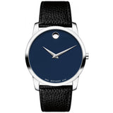 Movado Museum Blue Dial Black Leather Strap Watch For Men - 607013