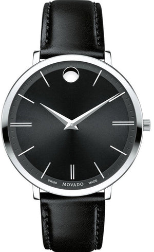 Movado Ultra Slim Black Dial Black Leather Strap Watch For Women - 0607090