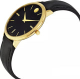 Movado Ultra Slim Black Dial Black Leather Strap Watch For Women - 0607091