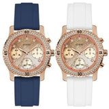 Guess Confetti Diamonds Gold Dial Blue Rubber Strap Watch For Women - W1098L6