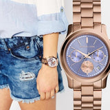 Michael Kors Runway Chronograph Purple Dial Rose Gold Steel Strap Watch For Women - MK6163