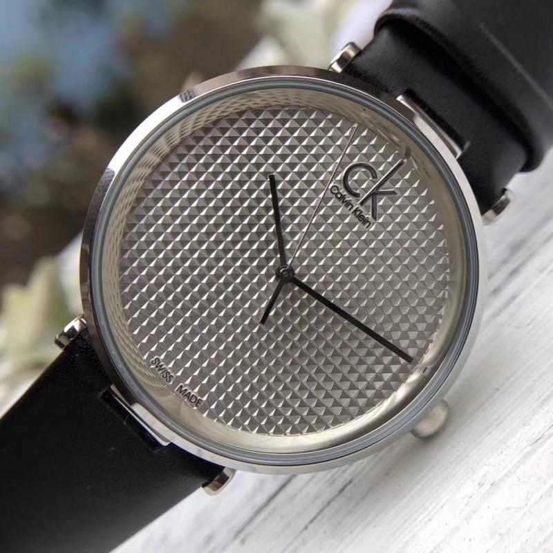 Calvin Klein Sight Silver Dial Black Leather Strap Watch for Men