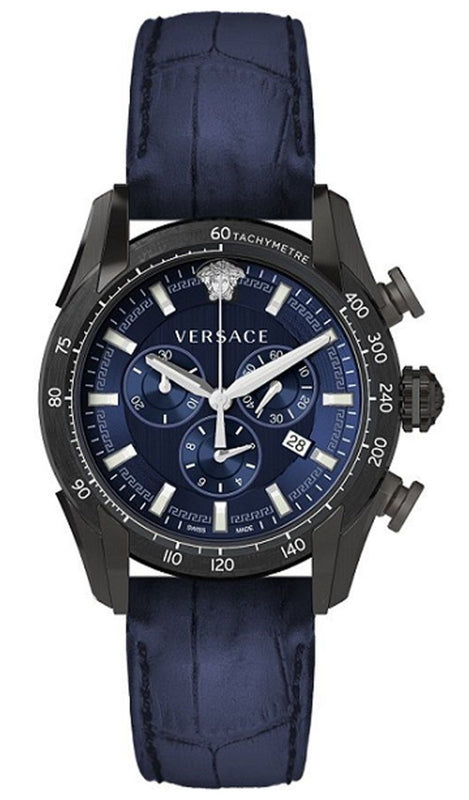 Versace V-Ray Chronograph Quartz Blue Dial Black Leather Strap Watch For Men - VEDB00418