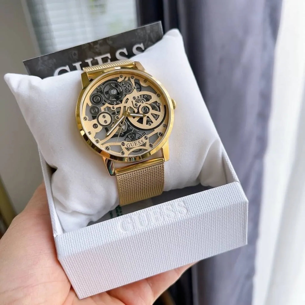 Guess Orologio Uomo Gadget Modello GW0538G2 - Analogico Al Quarzo, Cassa Tonda, Bracciale In Metallo, Quadrante Oro, Calendario, Chiusura A Pressione Pieghevole