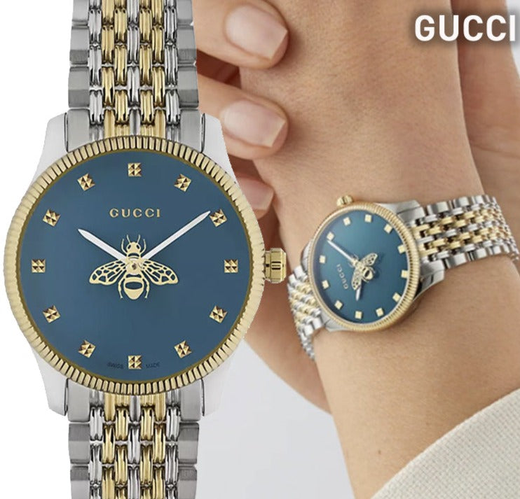 Gucci G Timeless Quartz Blue Dial Two Tone Steel Strap Watch For Women