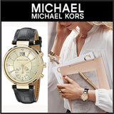 Michael Kors Sawyer Champagne Dial Black Leather Strap Watch for Women - MK2433