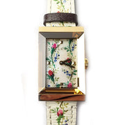Gucci G-Frame Floral Mother of Pearl Dial White Leather Strap Watch For Women - YA147407