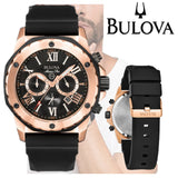 Bulova Marine Star Chronograph Black Dial Black Leather Strap Watch for Men - 98B104